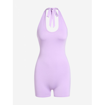 Women Jumpsuit Women's Sexy Athleisure Style Daily Solid Color Skinny Slim Halter Tied Open Back Unitard Romper M Purple