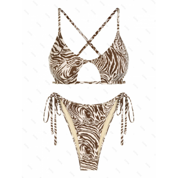 ZAFUL Zebra Animal Print Tie Cutout Criss Cross Star Shaped Bikini Swimwear S Deep coffee