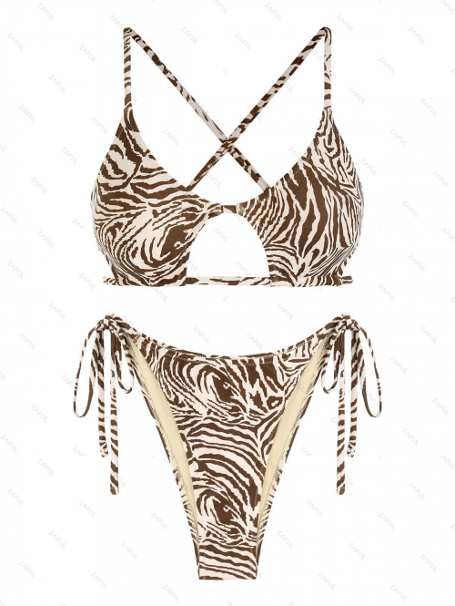 ZAFUL Zebra Animal Print Tie Cutout Criss Cross Star Shaped Bikini Swimwear S Deep coffee