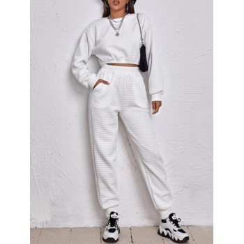 Women's Casual Textured Solid Color Crop Sweatshirt Elastic Waist Jogger Sweatpants Two piece Set L White