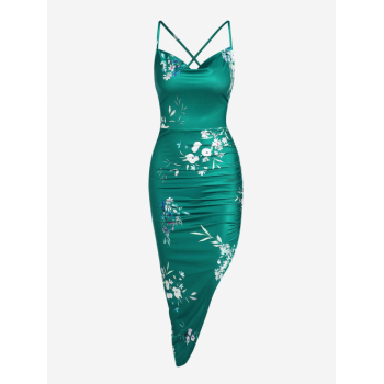 Bodycon Dress Women's Sexy Vacation Floral Print Spaghetti Strap Cowl Front Lace Up Backless Ruched Split Asymmetric Midi Dress M Green