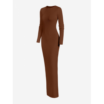 Bodycon Dress Women's Round Neck Ribbed Long Sleeves Solid Color Basic Maxi Slinky Evening Party Dress M Deep coffee