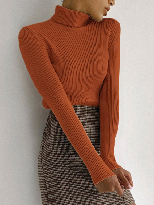 Women Women's Daily Basic Solid Color Ribbed Knit Turtleneck Pullover Layering Slim Sweater Coffee