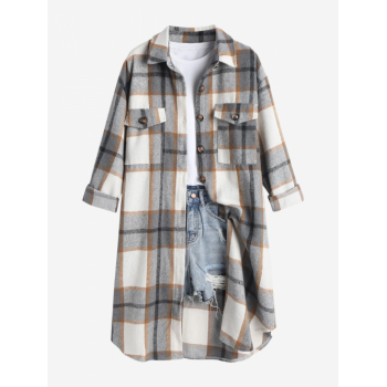 Women's Casual Plaid Turn-down Collar Double Pockets Design Asymmetric Hem Button Front Flannel Long Coat Shacket M Black