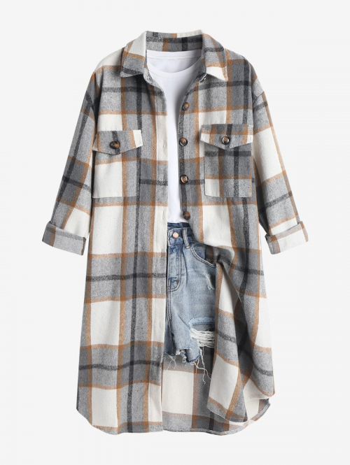 Women's Casual Plaid Turn-down Collar Double Pockets Design Asymmetric Hem Button Front Flannel Long Coat Shacket M Black