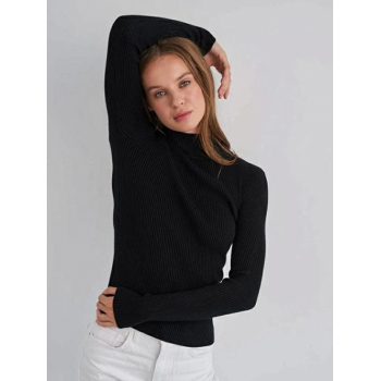 Women Women's Daily Basic Solid Color Ribbed Knit Mock Neck Pullover Layering Slim Sweater Black