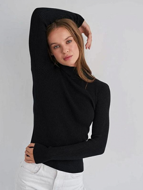 Women Women's Daily Basic Solid Color Ribbed Knit Mock Neck Pullover Layering Slim Sweater Black