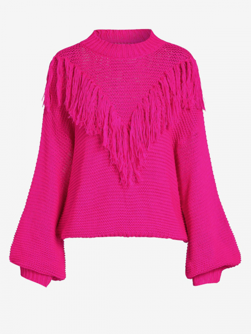 Women Women's Daily Crew Neck Lantern Sleeve Tassel Solid Color Jumper Pullover Sweater S Light pink