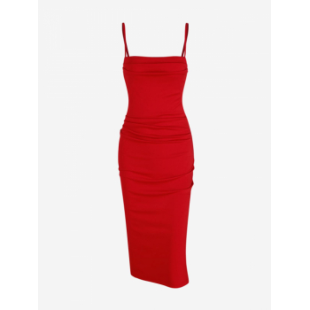 Bodycon Dress Women's Sexy Elegant Party Prom Solid Color Ruched Draped Design Cowl Front Silky Satin Spaghetti Strap Cami Slinky Midi Dress M Red