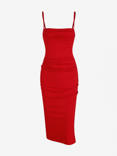 Bodycon Dress Women's Sexy Elegant Party Prom Solid Color Ruched Draped Design Cowl Front Silky Satin Spaghetti Strap Cami Slinky Midi Dress M Red