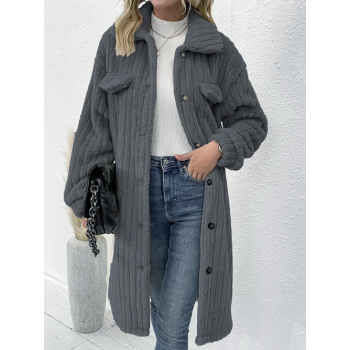 Women's Solid Color Faux Fur Turn Down Collar Drop Shoulder Mock Pocket Button Up Longline Coat L Gray