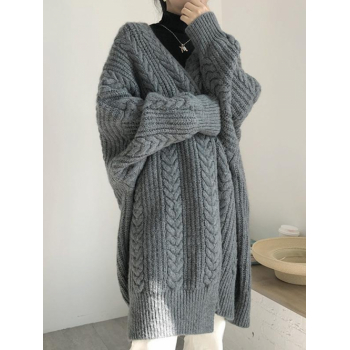 Women's Daily Retro Style Solid Color Cable Knit Open Front Drop Shoulder Oversized Cardigan Gray