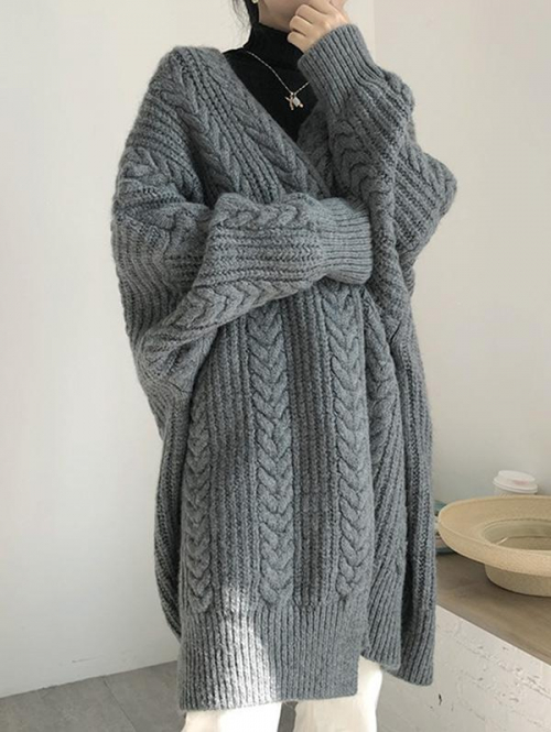 Women's Daily Retro Style Solid Color Cable Knit Open Front Drop Shoulder Oversized Cardigan Gray