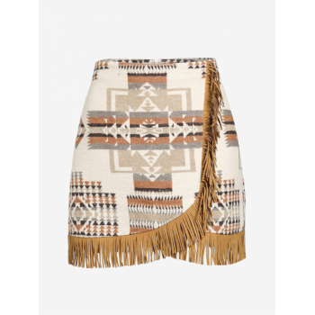 ZAFUL Women's Vacation Ethnic Aztec Print Fringed Mini Tulip Hem Zipper Side Skirt S Light coffee