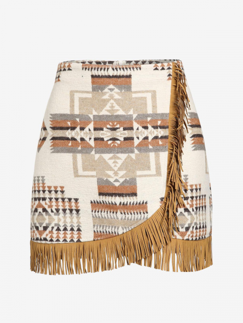 ZAFUL Women's Vacation Ethnic Aztec Print Fringed Mini Tulip Hem Zipper Side Skirt S Light coffee