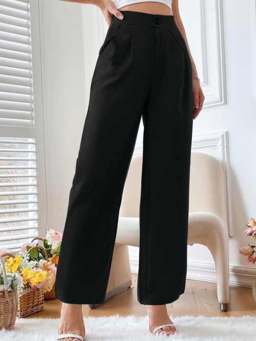 Women's Daily Office Work Solid Color Slant Pockets Tailored Wide Leg Pants M Black