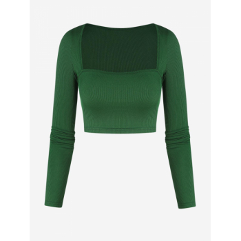 Fashion Women Tees Women's Basic Ribbed Square Neck Long Sleeve Solid Color Crop T Shirt S Green