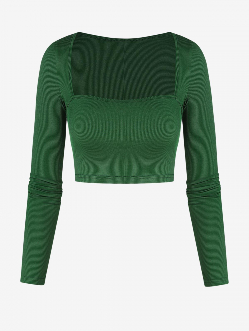 Fashion Women Tees Women's Basic Ribbed Square Neck Long Sleeve Solid Color Crop T Shirt S Green