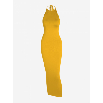 Bodycon Dress Women's Sexy Elegant Party Halter Tie Backless Sleeveless Cutaway Design Solid Color Scrunch Butt Ruched Maxi Bodycon Dress L Yellow