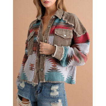 Women's Corduroy Ethnic Aztec Print Pocket Drop Shoulder Frayed Detail Pocket Button Up Jacket M Coffee