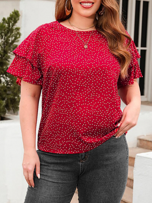 Women Blouse Women's Plus Size Polka Dot Layered Flutter Short Sleeves Blouse 1xl Red