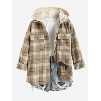 Women's Daily Plaid Loose Detachable Hooded Cargo Pockets Wool Blend Shirt Jacket Shacket M Light coffee