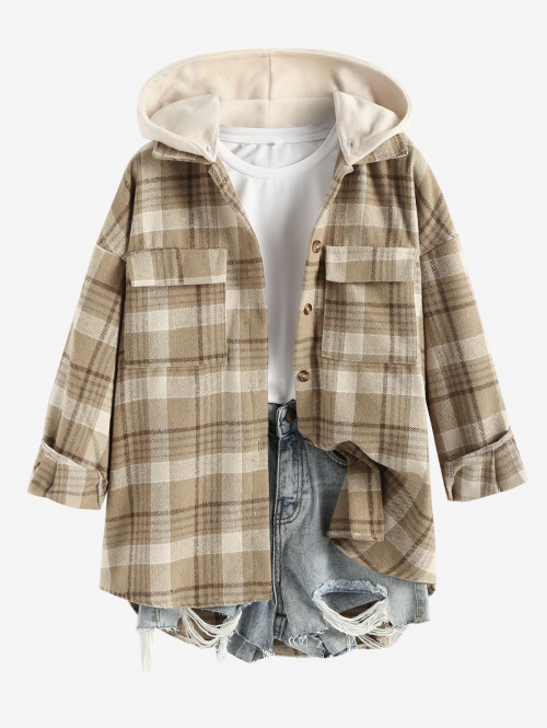 Women's Daily Plaid Loose Detachable Hooded Cargo Pockets Wool Blend Shirt Jacket Shacket M Light coffee