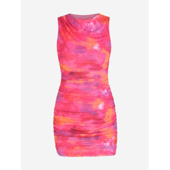 Bodycon Dress Women's Sexy Going Out Dating Tie Dye Mesh Overlay Mock Neck Sleeveless Ruched Mini Bodycon Dress M Light pink