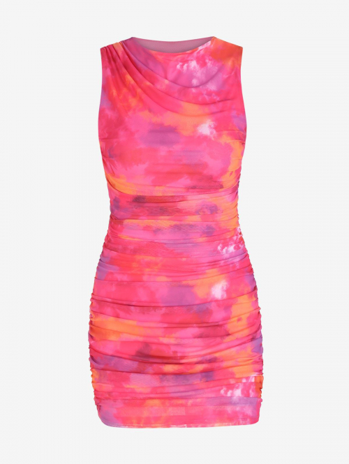 Bodycon Dress Women's Sexy Going Out Dating Tie Dye Mesh Overlay Mock Neck Sleeveless Ruched Mini Bodycon Dress M Light pink