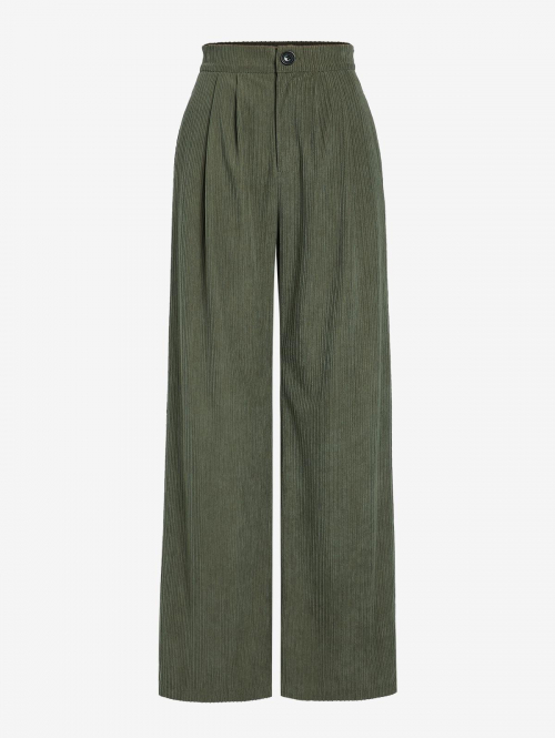 ZAFUL Women's Daily Solid Color Pleated Waist Corduroy Wide Leg Pants L Deep green