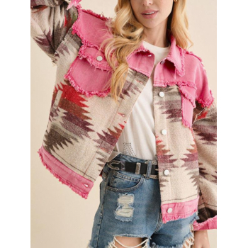 Women's Ethnic Aztec Print Denim Panel Mixed Media Frayed Design Pocket Button Up Turn Down Collar Drop Shoulder Jacket M Light pink