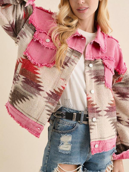 Women's Ethnic Aztec Print Denim Panel Mixed Media Frayed Design Pocket Button Up Turn Down Collar Drop Shoulder Jacket M Light pink