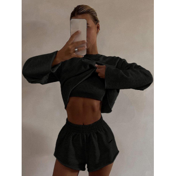 Women's Y2K Tracksuit Three Piece Set Solid Color Ribbed Cami Top and Letter Printed Pullover Crop Long Sleeves Sweatshirt and Track Shorts M Black