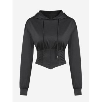 Women Hoodies ZAFUL Women's Daily Solid Color Drawstring Hanky Hem Corset-style Long Sleeve Hoodie S Black