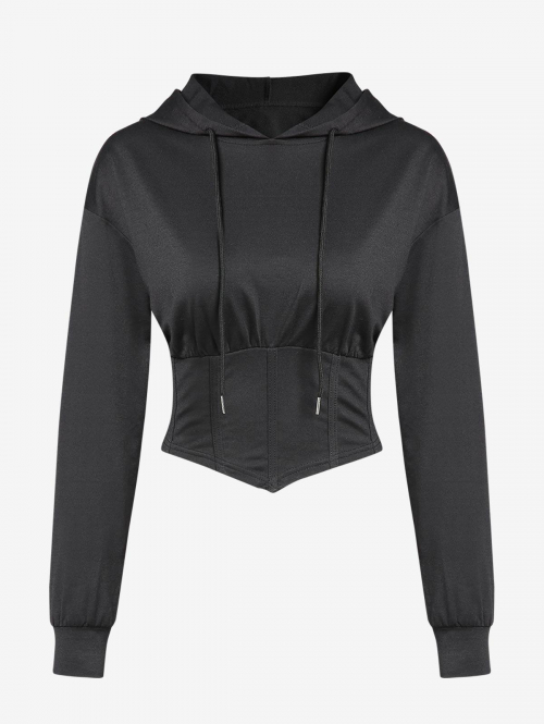 Women Hoodies ZAFUL Women's Daily Solid Color Drawstring Hanky Hem Corset-style Long Sleeve Hoodie S Black