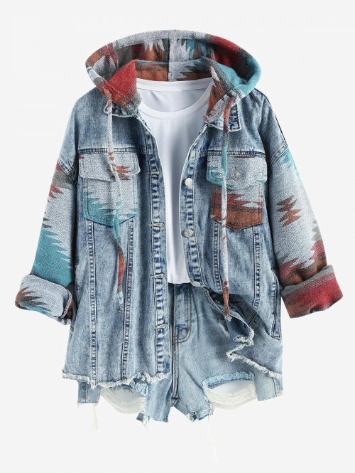 Women's Western Cowgirl 2 IN 1 Multiway Detachable Hooded Ethnic Aztec Geometric Print Woolen Spliced Pocket Raw Hem Denim Jacket M Red