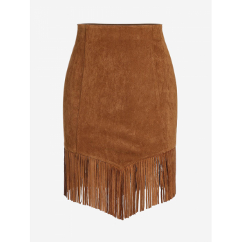 ZAFUL Women's Solid Color Daily Fringed Hanky Hem Faux Suede Fitted Mini Skirt L Coffee