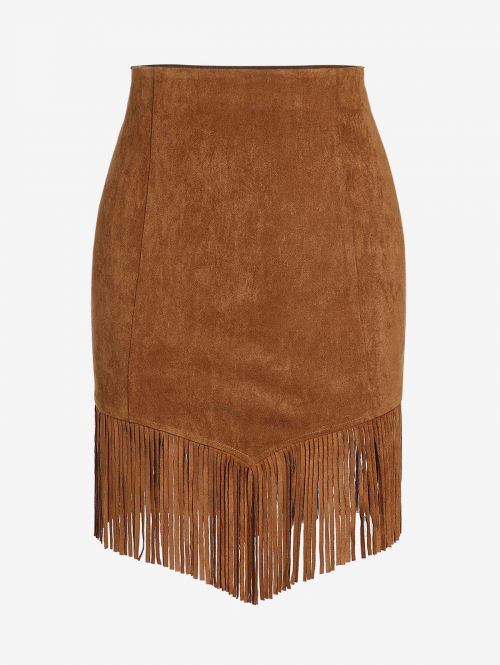 ZAFUL Women's Solid Color Daily Fringed Hanky Hem Faux Suede Fitted Mini Skirt L Coffee