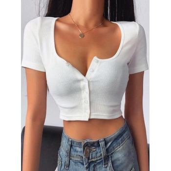 Fashion Women Tees Ribbed Button Up Scoop Neck Crop Tee L White