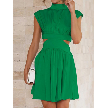 Casual Women's Sexy Solid Color Mock Neck Cap Sleeve Pleated Cut Out High Waist Mini Skater Dress L Green