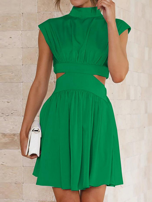 Casual Women's Sexy Solid Color Mock Neck Cap Sleeve Pleated Cut Out High Waist Mini Skater Dress L Green