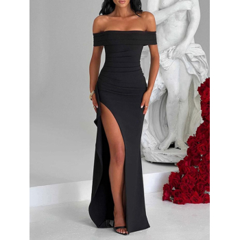 Bodycon Dress Women's Sexy Elegant Solid Color Draped Ruched Design Thigh High Split Off Shoulder Prom Party Evening Gown Maxi Dress L Black