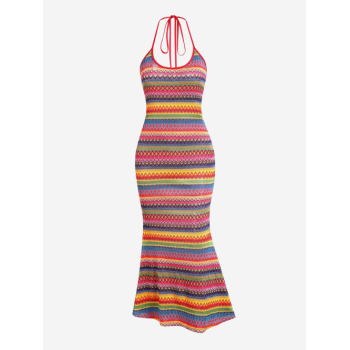 Mini Dress ZAFUL Women's Beach Vacation Zig Zag Knitted Open Back Halter Tie Midi Mermaid Dress L