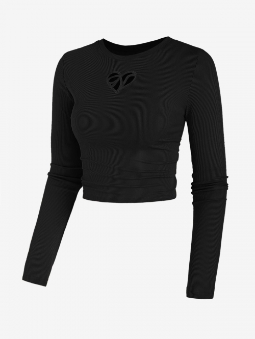 Women Blouses Women's Sexy Daily Dating Night Ribbed Heart Cut Out Tied Open Back Long Sleeve Slim Tee L Black