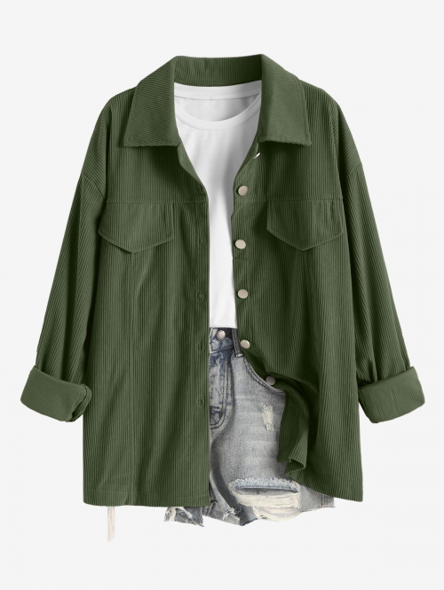 Women's Daily Solid Color Single Breasted Flap Detail Corduroy Shirt Jacket Shacket S Green