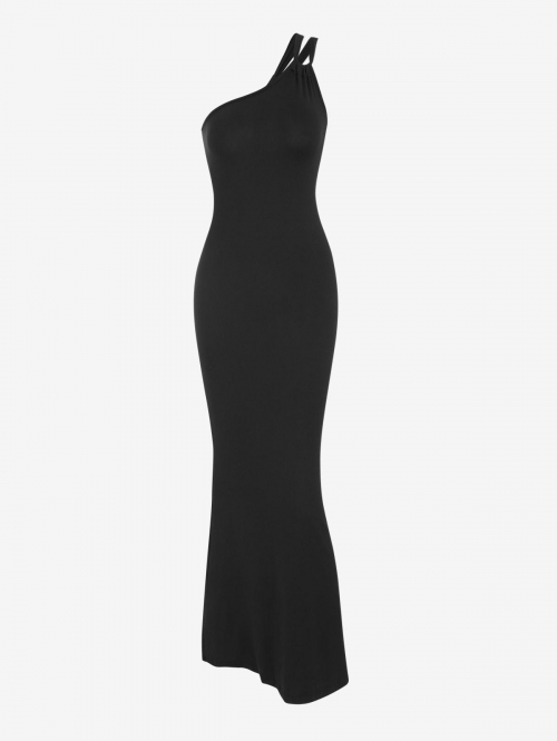 Bodycon Dress Women's Sexy Elegant Solid Color One Shoulder Open Back Party Prom Evening Gown Mermaid Maxi Dress M Black