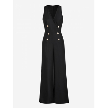 Women Jumpsuit Women's OL V Neck Buttons Design Back Zip Solid Color Wide Leg Sleeveless Blazer Waistcoat Jumpsuit S Black