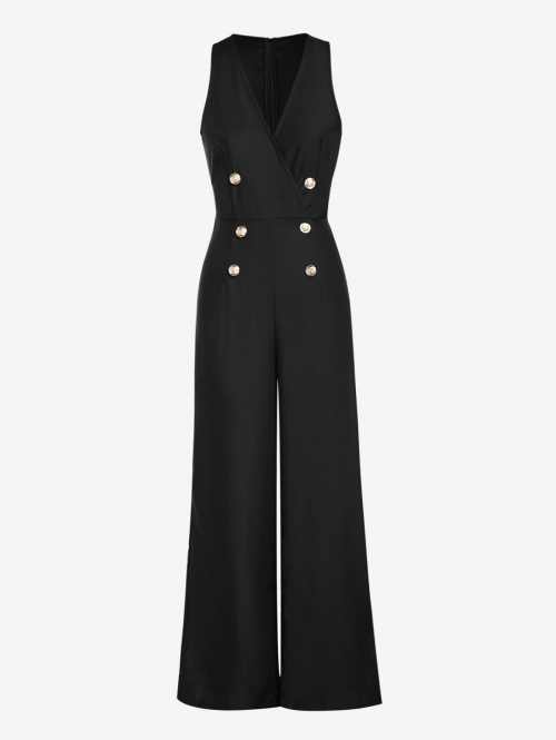 Women Jumpsuit Women's OL V Neck Buttons Design Back Zip Solid Color Wide Leg Sleeveless Blazer Waistcoat Jumpsuit S Black