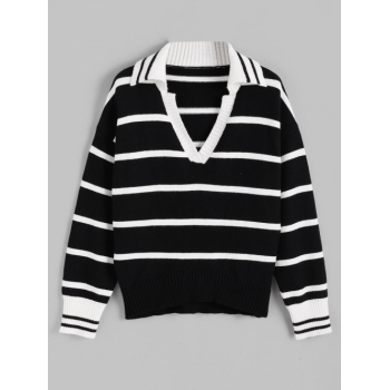 Women ZAFUL Women's Winter Casual Contrast Color Striped V Neck Drop Shoulder Sleeves Knitted Ribbed Trim Pullover Sweater S Black