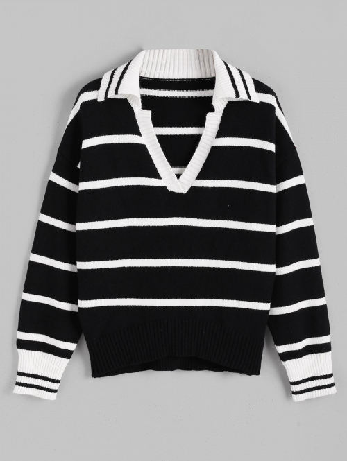 Women ZAFUL Women's Winter Casual Contrast Color Striped V Neck Drop Shoulder Sleeves Knitted Ribbed Trim Pullover Sweater S Black